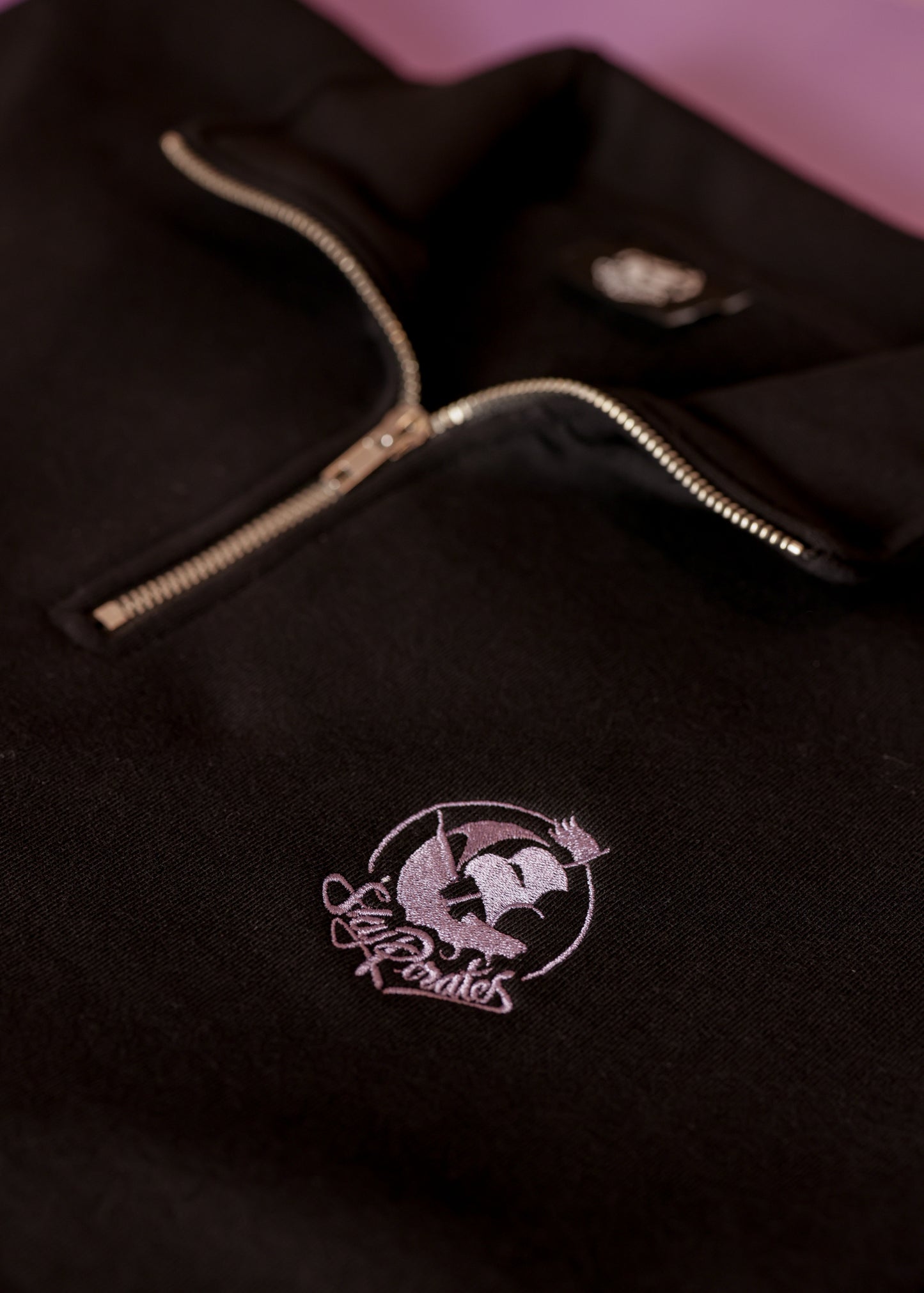 Embroidered Black & Purple Half Zip Crew