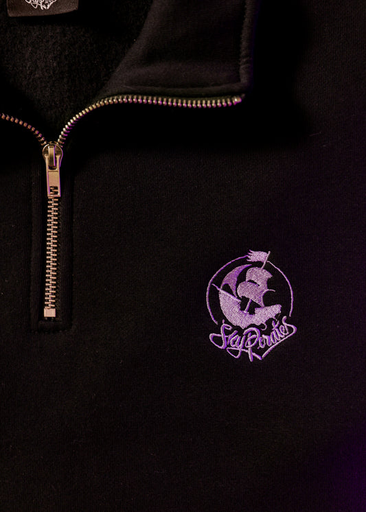 Embroidered Black & Purple Half Zip Crew