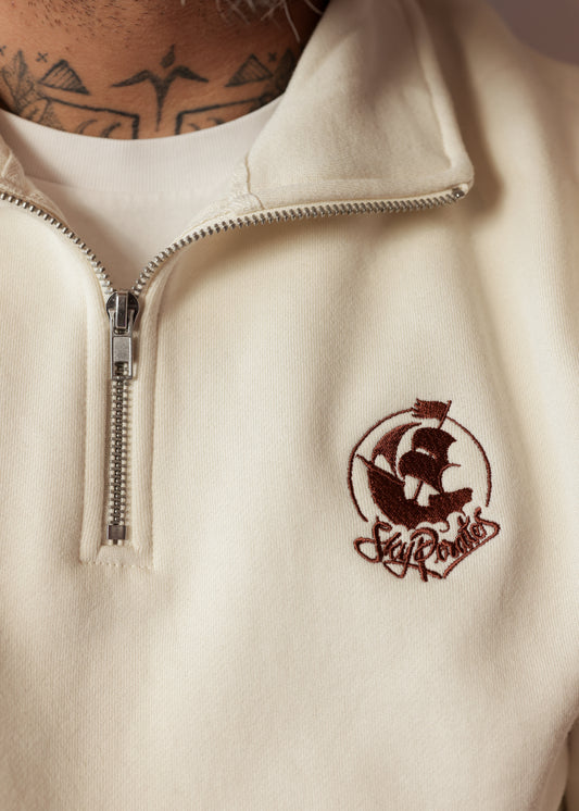 Embroidered Ecru & Chocolate Half Zip Crew