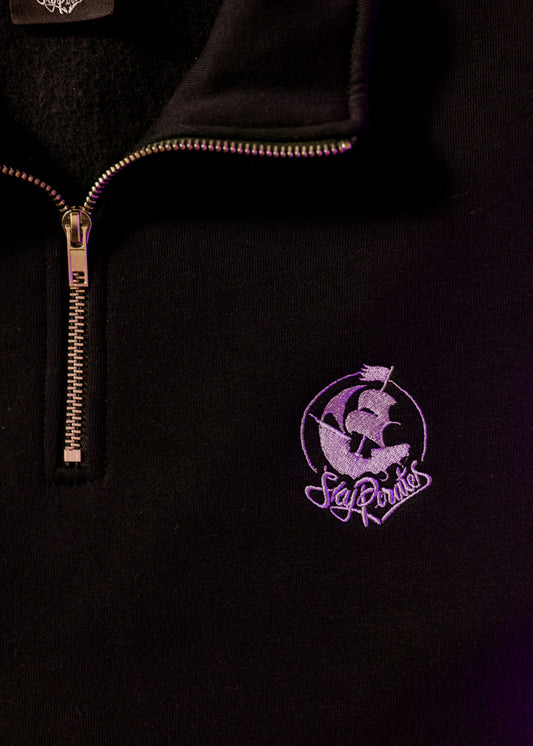 Embroidered Black & Purple Half Zip Crew