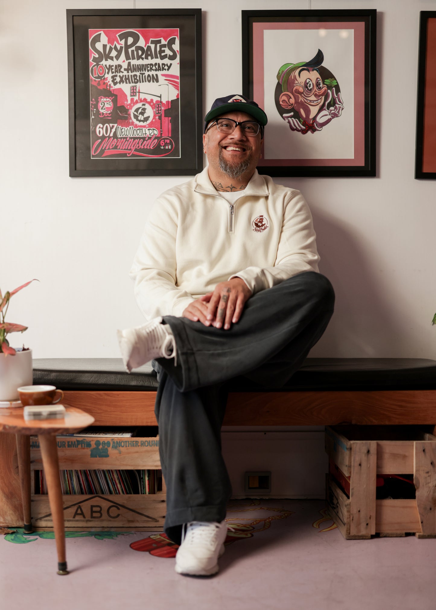 Embroidered Ecru & Chocolate Half Zip Crew